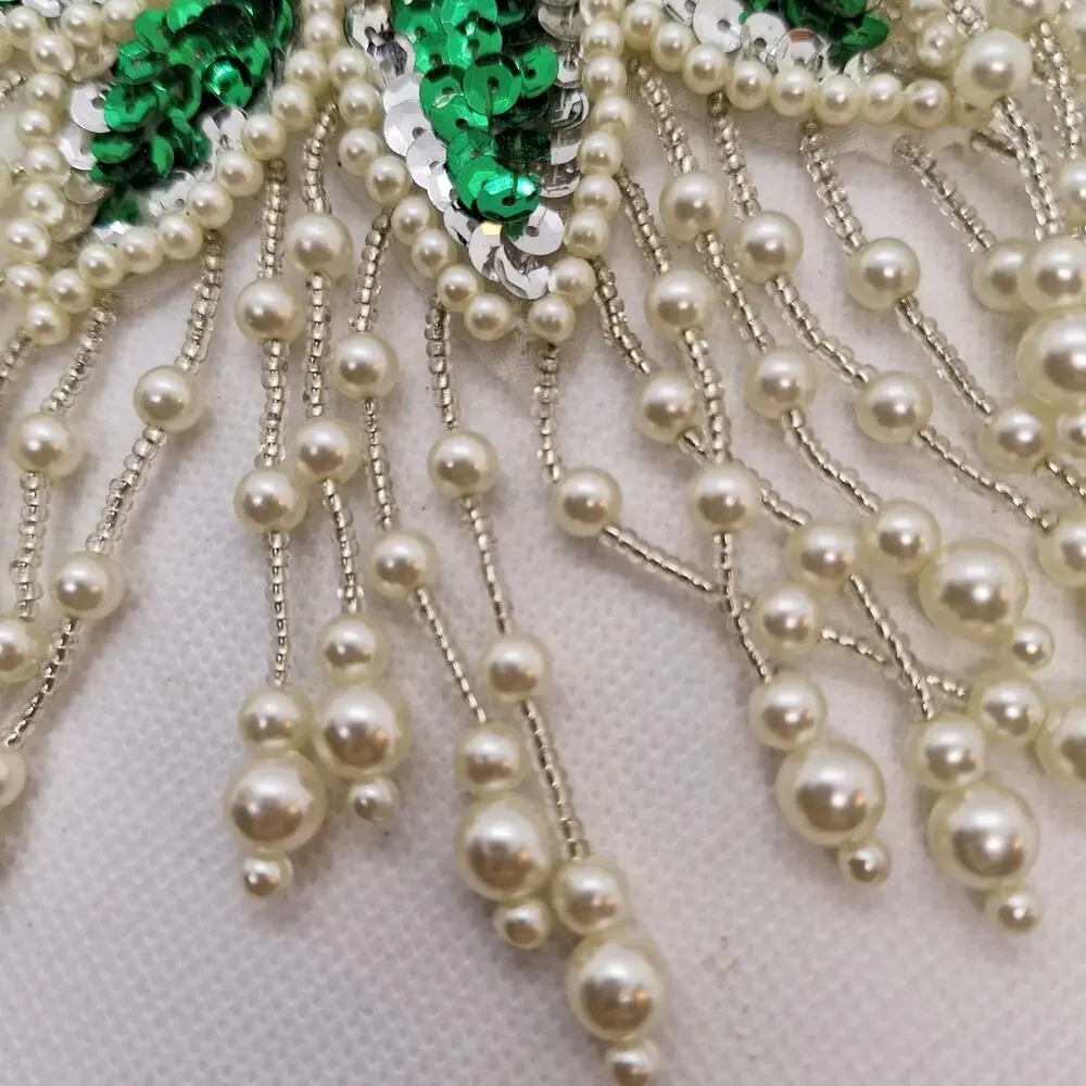 Sequin/Bead Epaulet Applique Green/White Bead Fringe